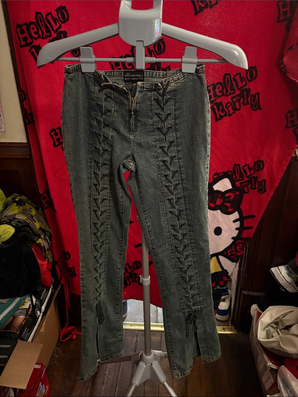 No Boundaries Gray Lace-Up Flare Jeans
